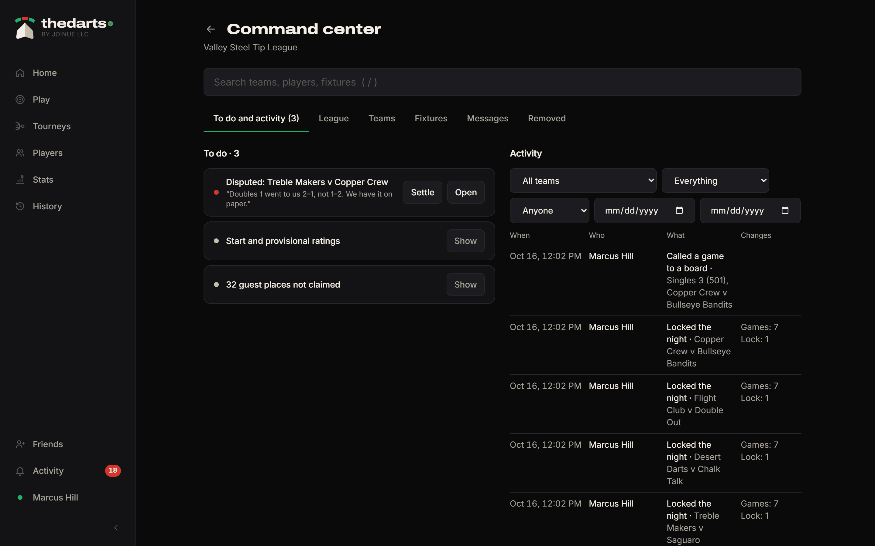 The league command center on a laptop: the to-do list, search and the activity log