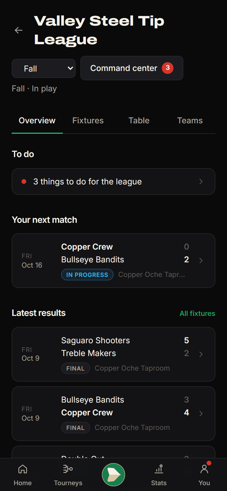 A league's page in The Darts App: the next match night, the table and the latest results