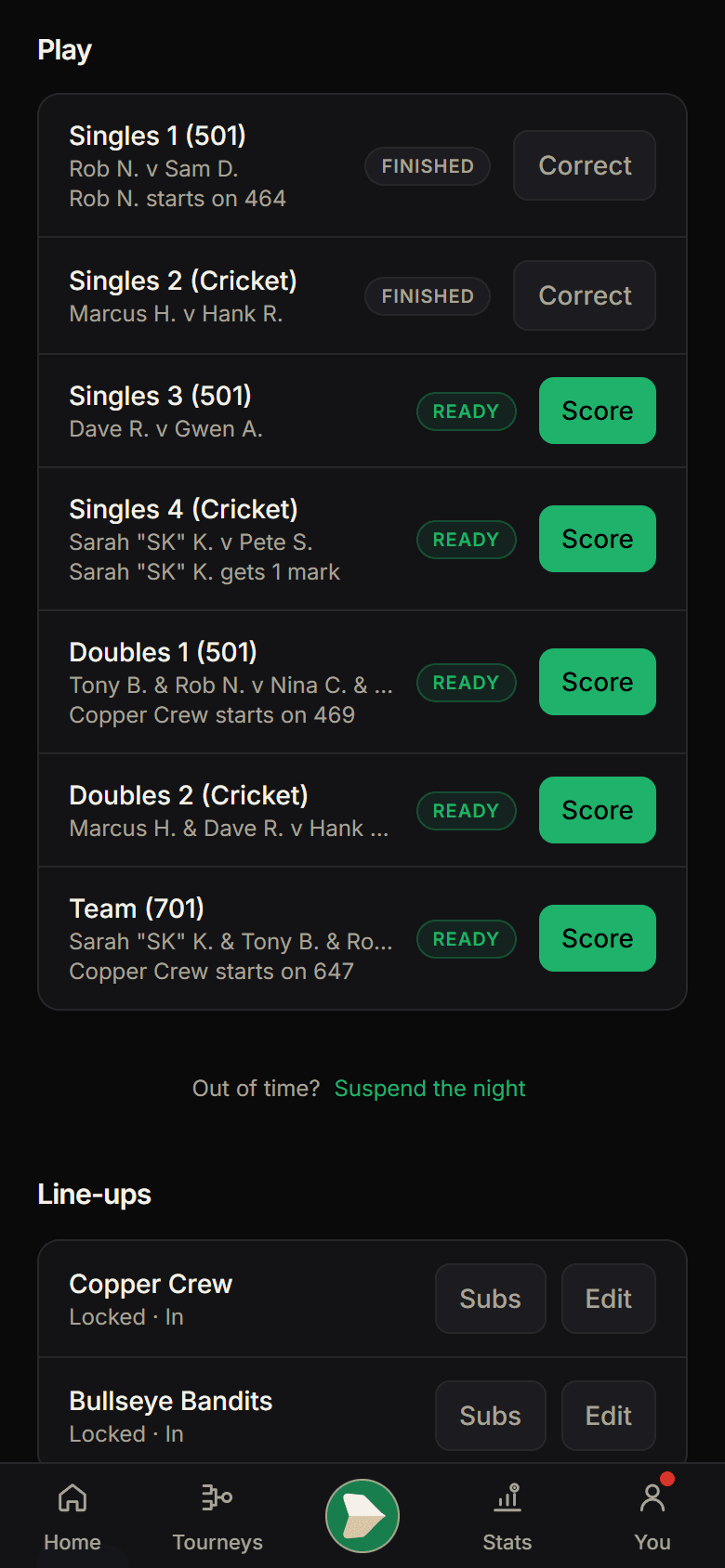 A match night's games, each ready to score, with its handicap